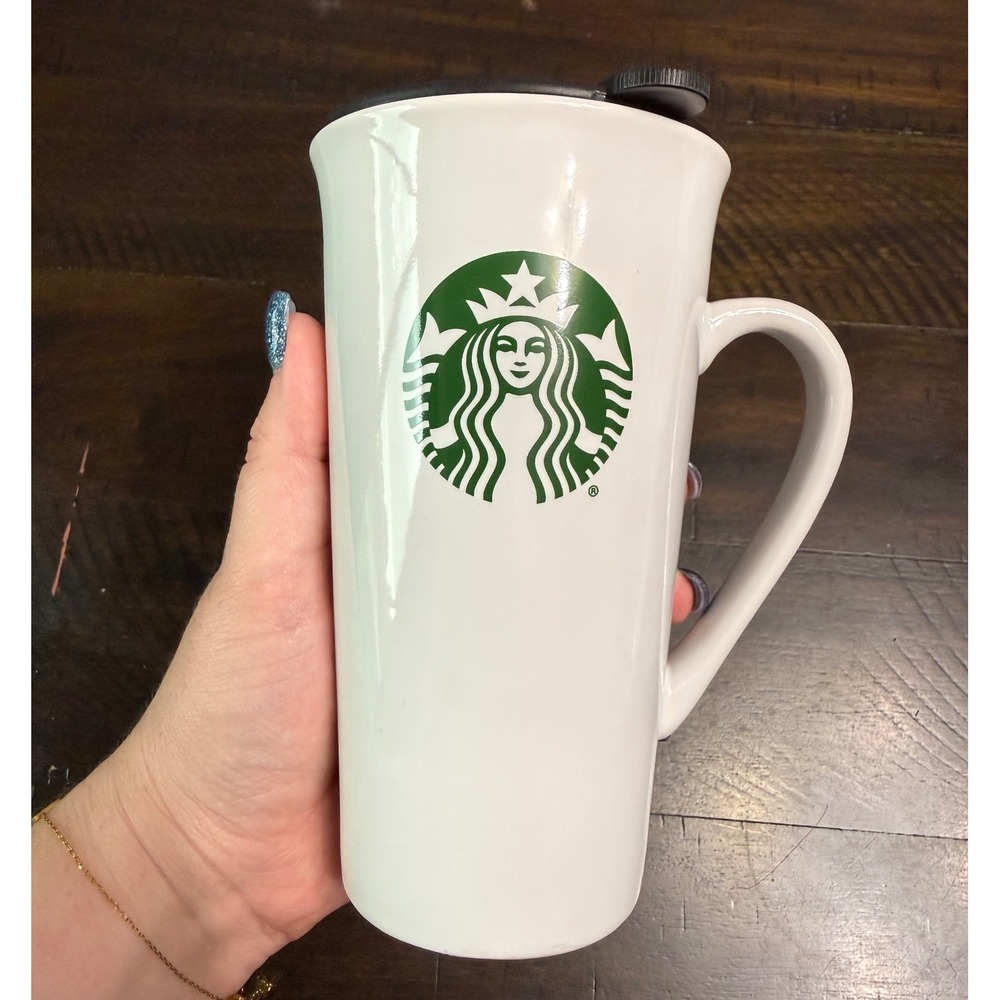 Starbucks Mermaid Travel Tumble Mug White Ceramic w/ Lid 14.3 Fl oz Handle